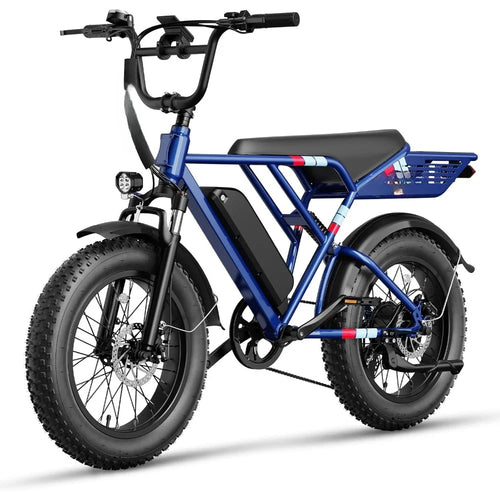 Blue electric bike with black seat and tires on a white background